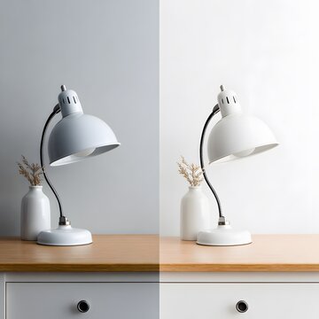Before and After Photo Editing Comparison of Desk Lamp on Wooden Table, Color Correction and Retouching Showcase for Interior Design