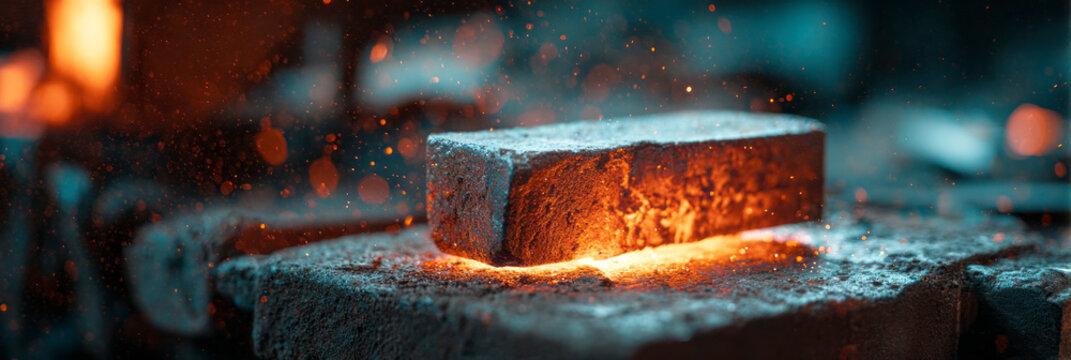 A glowing hot steel billet sits on a heavy anvil in a metal forging workshop. Bright sparks fly around as the heat fills the space. The scene shows metalwork in action