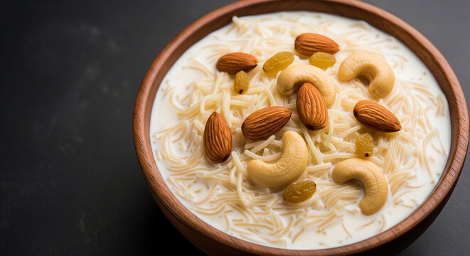 Vermicelli kheer in a wooden bowl creamy indian milk pudding topped with almonds cashews raisins vermicelli traditional delicious homemade celebration breakfast