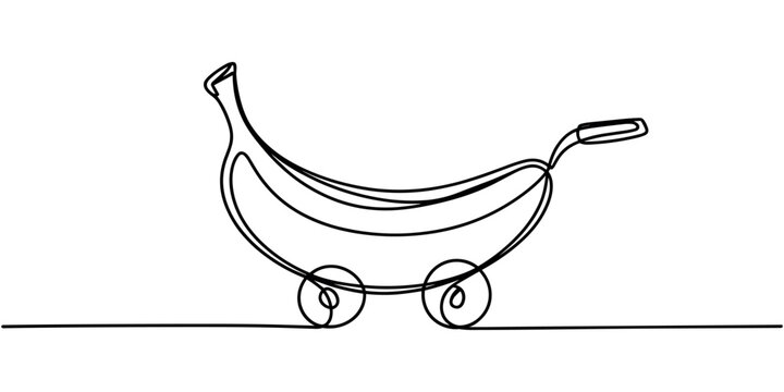 Single line of a banana shaped like a small cart on a flat surface carriage baby carriage stroller