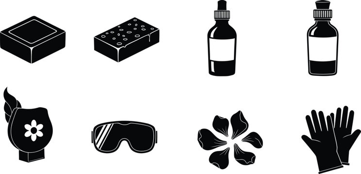 Set of black spa salon and cleaning supplies icons including soap sponge and oil bottles