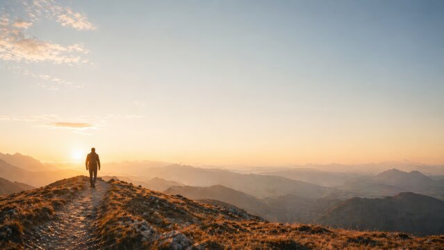 A Solitary Hiker Walking Along a Mountain Trail at Sunset, Embracing the Beauty of Nature and the Serenity of an Enchanted Landscape