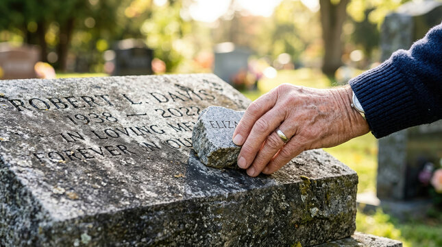 Mourner placing a stone on a grave in a reflective mood surrounded by a peaceful cemetery background with soft sunlight