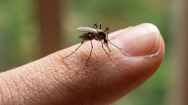 Close-up of a mosquito resting on a fingertip, highlighting nature's small intricacies against a soft, blurred background