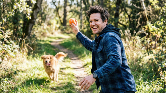 Man throwing ball for dog in sunny forest path, dog running with excitement, joyful moment of play and connection in nature. Concept of outdoor fun and companionship between pet and owner.