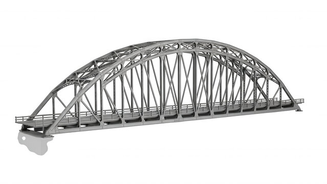 Gray metal truss arch bridge with detailed structure and walkway isolated on a transparent background