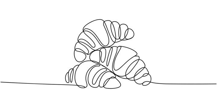 Three fresh croissants stacked in a continuous line style on a white background pastry baked goods breakfast