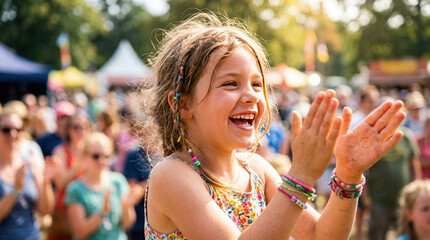 Fototapeta premium Girl clapping joyfully to rhythm at music festival with vibrant atmosphere and crowd. Happy girl enjoys performance while clapping hands, wearing colorful clothes and accessories.