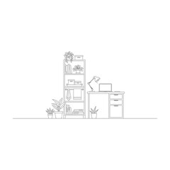Naklejka premium Minimalist home office setup with desk, bookshelf, plants, and modern decor, perfect for remote work or study space