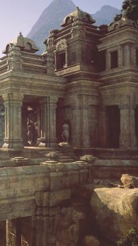 A large stone structure stands beside a body of water. Sculptures are visible in the entryway and the light shines on the weathered stone. Plants surround the area creating a natural setting.