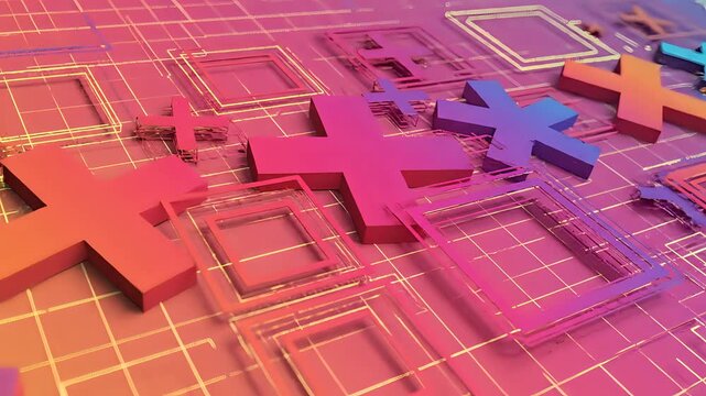 Abstract 3D Render of Colorful Plus Signs on Digital Grid Background.