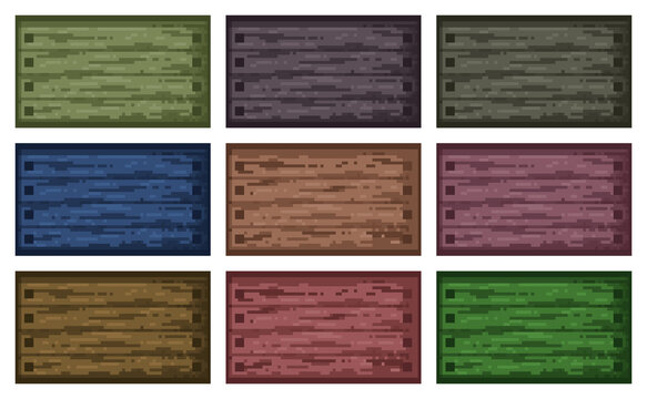 A set of pixel art wooden planks and timber board tileset in various colors. Isolated 8-bit construction elements for retro game development, building, and level design.