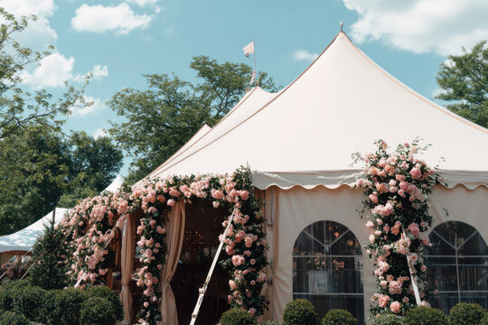 A wedding tent stands near the lake, decorated with flowers. Guests gather for a celebration in the afternoon sun. Lush greenery surrounds the area creating a festive atmosphere