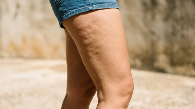Cellulite on leg in natural light showing skin texture and imperfections on thigh in outdoor setting. Cellulite highlights unique skin characteristics and natural body forms,