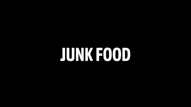 junk food prohibition sign animation, black background. Caution warning symbol, alert, error sign, security protection. junk food text looping animation. 4K Video motion graphic.