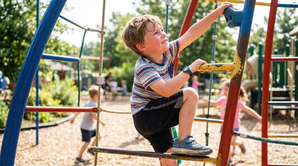 Fototapeta premium Joyful boy climbing a jungle gym in a playful setting with cheerful ambiance and children playing in the background