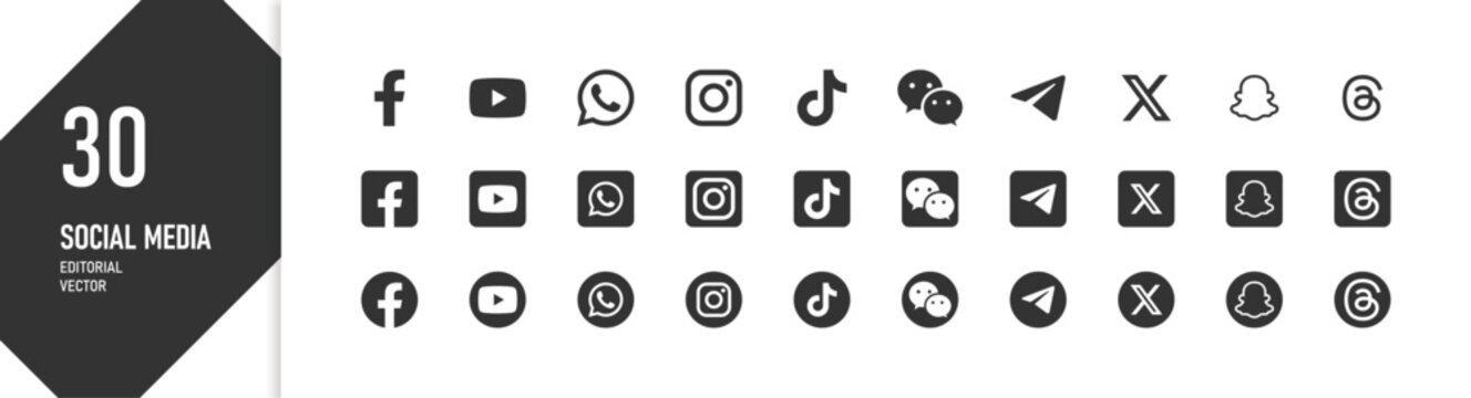 Social media logo icon set popular platform symbols collection vector pack