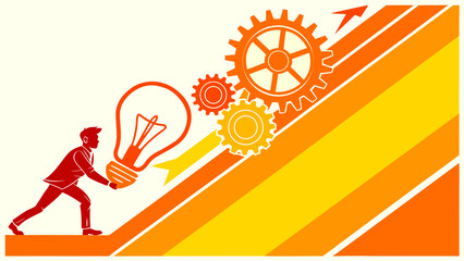 Illustration of a person pushing a glowing light bulb up a slope with gears and an arrow. © mamasudhossenn