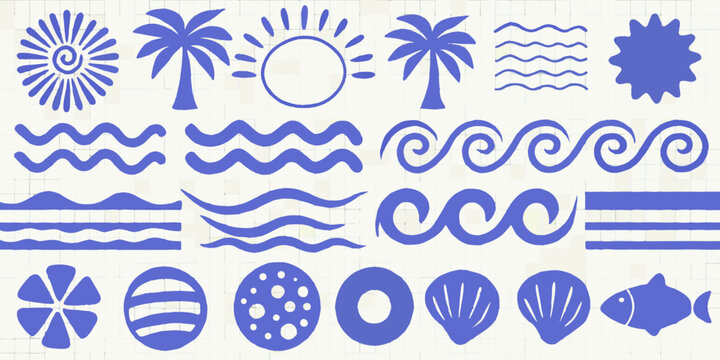 blue ocean themed icons set with waves shells fish and palm trees high quality professional