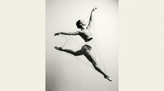 A ballet dancer in mid-air, with strings attached, embodies the artistry and the strings of destiny