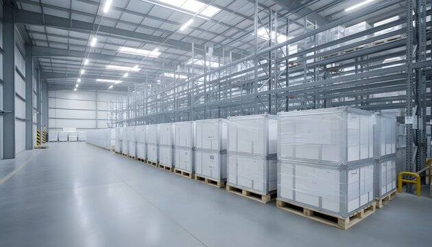 Pharmaceutical logistics warehouse with shrink wrapped medical storage containers prepared for healthcare distribution and supply chain