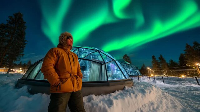 Extreme cold weather tourist wears thermal gear while viewing aurora borealis from glass igloo accommodation, green lights dancing across Arctic night sky, ideal for bucket-list ad
