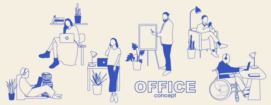 Office concept. Different people work together. Modern cartoon design.