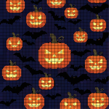 Pixelated Halloween Jack O Lanterns and Bats on a Dark Blue Background Seamless Pattern
