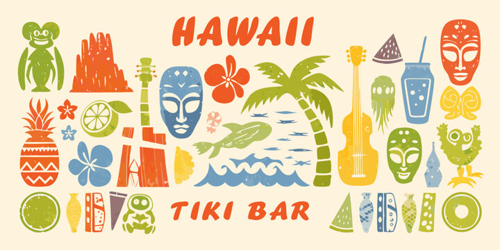 hawaiian tiki bar elements collage colorful vector illustration high quality professional detailed modern elegant stylish