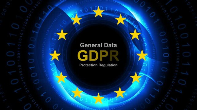 General Data Protection Regulation. GDPR concept background with European Union stars and digital binary code. Glowing motion design. Seamless loop. Video animation Ultra HD 4K 3840x2160