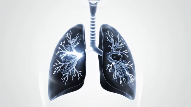 High Quality 3D CGI Medical Animation of Human Lungs with Light Energy Sparks and Pulmonary Function Representation