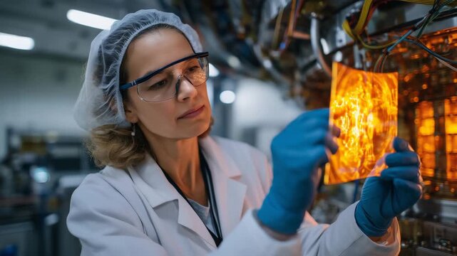 Fusion reactor diagnostic specialist analyzing plasma temperature data on transparent holographic interface while standing inside cavernous experimental chamber with superconductin