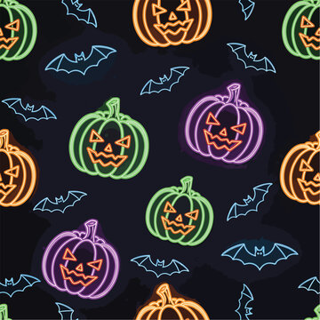 Neon Halloween pattern with pumpkins and bats on a dark background for holiday decorations