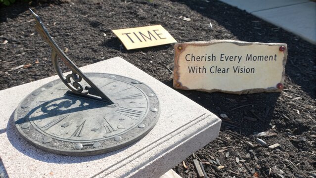 Stone sundial with Roman numerals and inspirational quotes