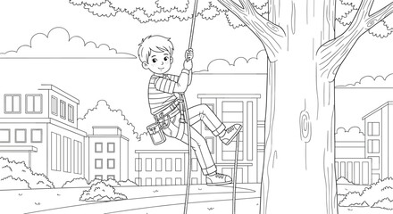 Fototapeta premium Cartoon Silhouette of Young Person Climbing Rope Attached to Large Tree in Outdoor Urban Park Adventure Illustration
