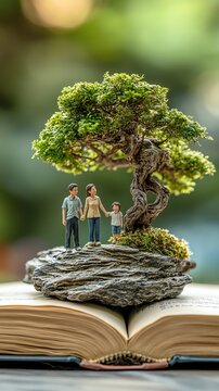 Miniature family standing together under bonsai tree on open book, holding hands, passing down family wisdom, concept of future generations, roots of legacy, symbolic photo