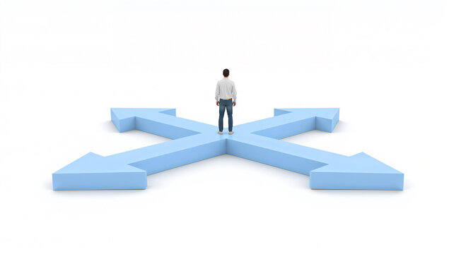 Man standing at a crossroads with four blue arrows pointing in different directions