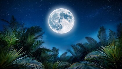 Fototapeta premium A Serene Night Scene Featuring A Large Glowing Full Moon Above Silhouetted Trees And Dramatic Blue Clouds