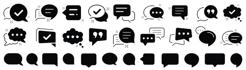 Obraz premium Collection of chat bubbles and speech icons with checkmarks and quotation marks.