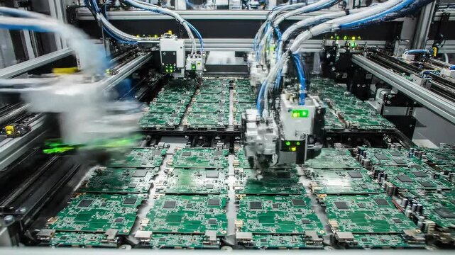 Machines operate in a factory in China, assembling circuit boards on a production line. The assembly involves placing components on the boards with precision.