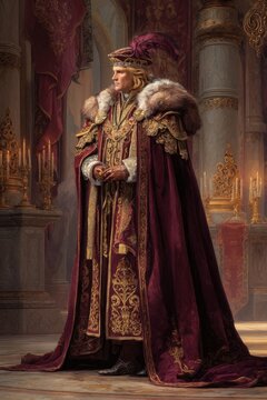Illustration of a noble duke in ornate velvet robes in a grand palace hall