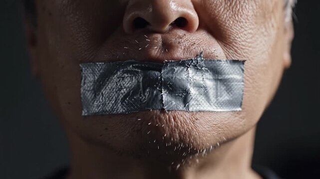 Man with duct tape over his mouth representing censorship