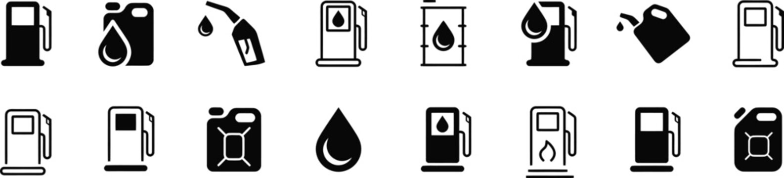 Collection of fuel and gasoline icons including canisters gas pumps and fuel drops.