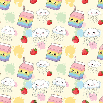 Kawaii seamless pattern with smiling milk cartons, strawberries, and rain clouds on pastel background.