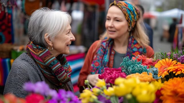 Intergenerational women celebrating at vibrant market stall decorated with spring flowers and colorful textiles for cultural festival, perfect for diversity, community celebration,
