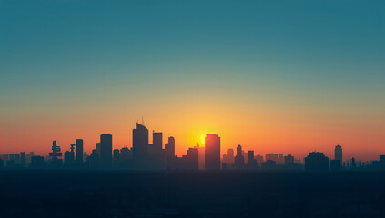 Fototapeta premium Vibrant city skyline silhouette at sunrise with warm orange and blue gradient sky