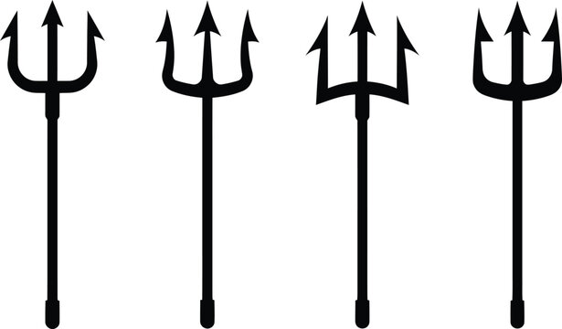 Four black trident icons representing mythical or powerful weapons isolated on transparency.