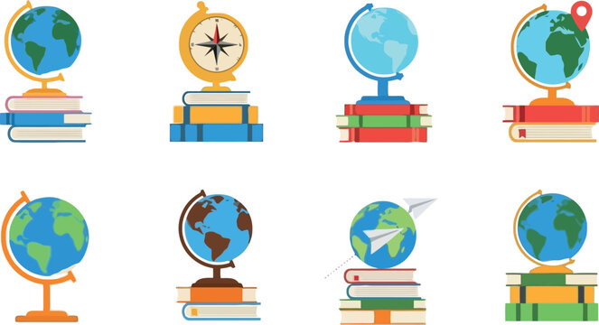 Geography education icons set globe compass travel map location symbols school learning elements flat vector illustration collection