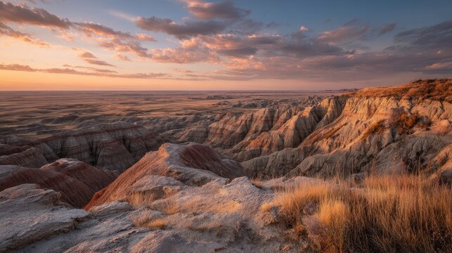 Layered canyons and hoodoo spires in South Dakota badlands at sunset