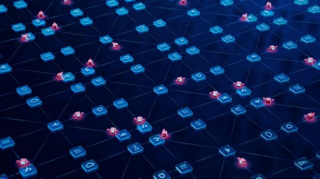 3D Animation Loop: Network of Cute Red AI Agents Executing Various Tasks, Doing Research and Performing Process Automation. Agentic AI Platform Where Autonomous Agents Working Together to Achieve Goal